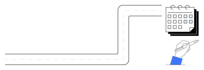 Winding road connects to calendar with hand holding pen, symbolizing journey, scheduling, goal setting, and planning. Ideal for project management, organization, strategy, timeline productivity