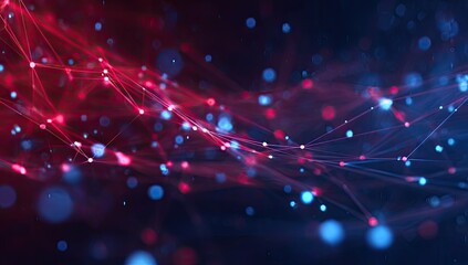 Abstract network of glowing points and lines in red and blue