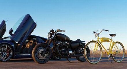 A Sleek Sports Car A Powerful Motorcycle And A Classic Bicycle Stand Together