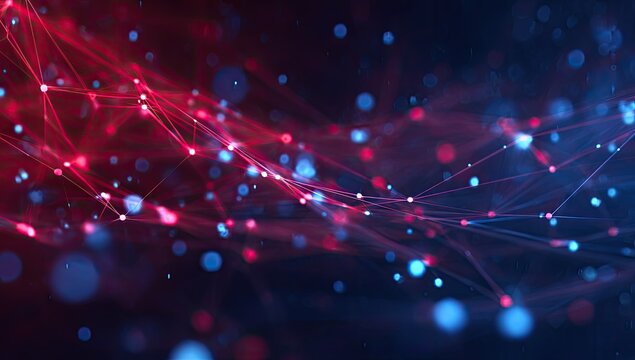 Abstract network of glowing points and lines in red and blue