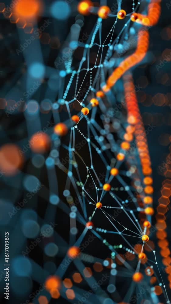 Poster abstract digital design with network elements and glowing red lights.