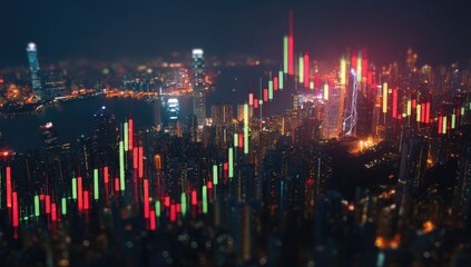 Night city skyline with stock market chart overlay