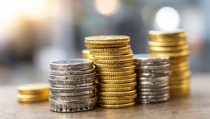 Stacks of coins in various sizes and colors