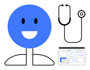 Blue smiling character with black stethoscope and computer screen showcasing virtual healthcare, diagnosis, and friendly service. Ideal for telemedicine, wellness, technology, healthcare