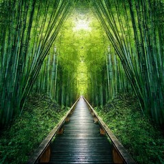 Obraz premium forest path with soft green lighting, top 