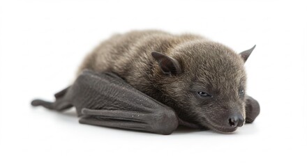 Adorable baby bat peacefully sleeps against white background. AI Generated