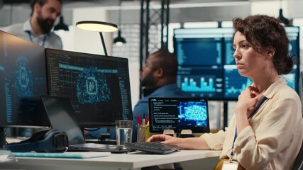 Woman analyst uses AI neural networks for data mining and optimization, working in a multinational company with automation tools. Artificial intelligence digital tools for success. Camera B. - Powered by Adobe