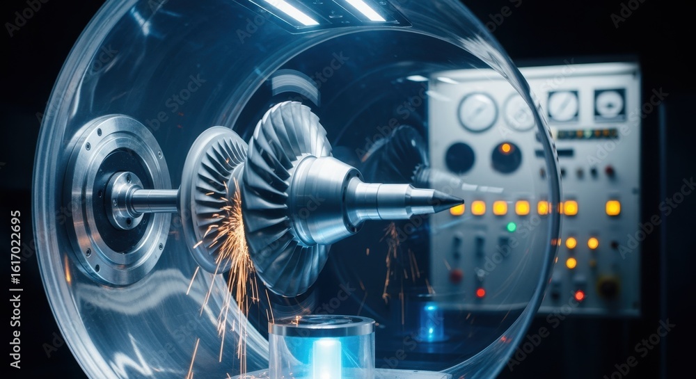 Poster highspeed turbine blade enclosed in a spintest chamber demonstrating the rigorous testing process in