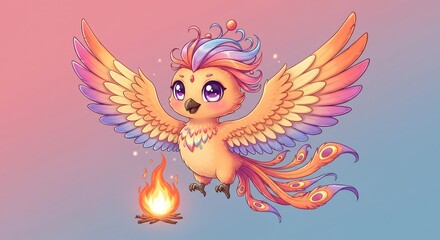 Adorable pastel phoenix joyfully soaring above gentle flames. AI Generated