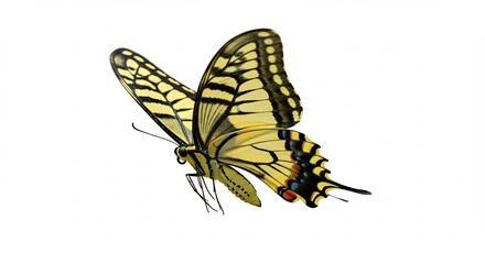 Elegant yellow butterfly gently floats against white background. AI Generated