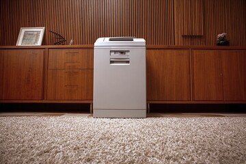 A dishwasher stands in front of a wooden credenza on a shaggy carpet