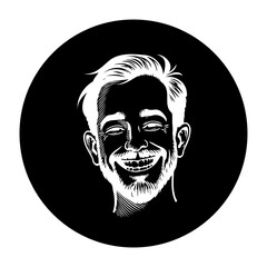 A captivating monochrome illustration of a man's joyful expression with intricate linework and bold contrast adding visual depth