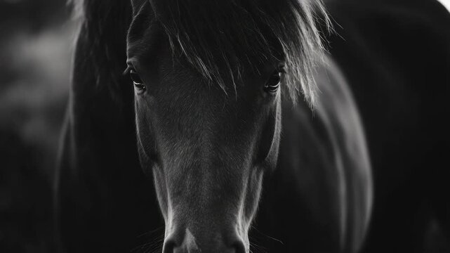 Close-up profile of a majestic horse with mane blowing in the wind. Dark background emphasizes the silhouette and solitude of this equine subject.