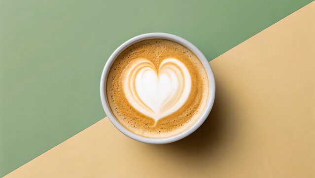 A heart-shaped latte art in a white ceramic cup placed against a calming green and beige background, minimalist coffee aesthetics, perfect for use in modern café menus