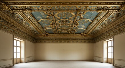 Empty room with Symmetric oriental ceiling pattern - ornate Renaissance texture in gold and blue colors