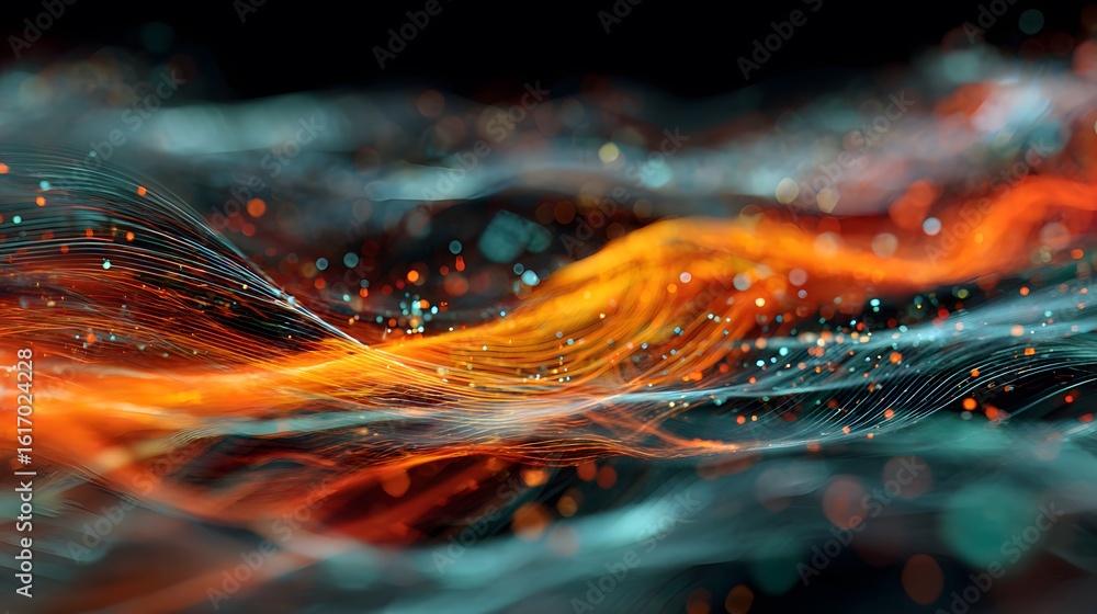 Poster vibrant abstract art featuring flowing lines of orange and teal against a dark background with bokeh