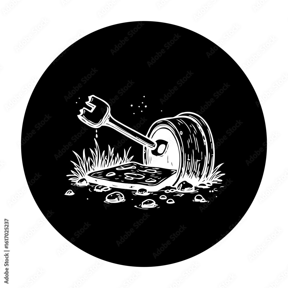 Poster conceptual drawing illustrating pollution and environmental damage with a can and fork in nature env