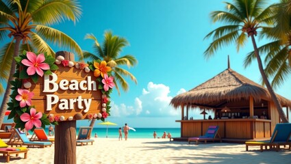 Obraz premium Tropical Beach Party with Hut and Palm Trees
