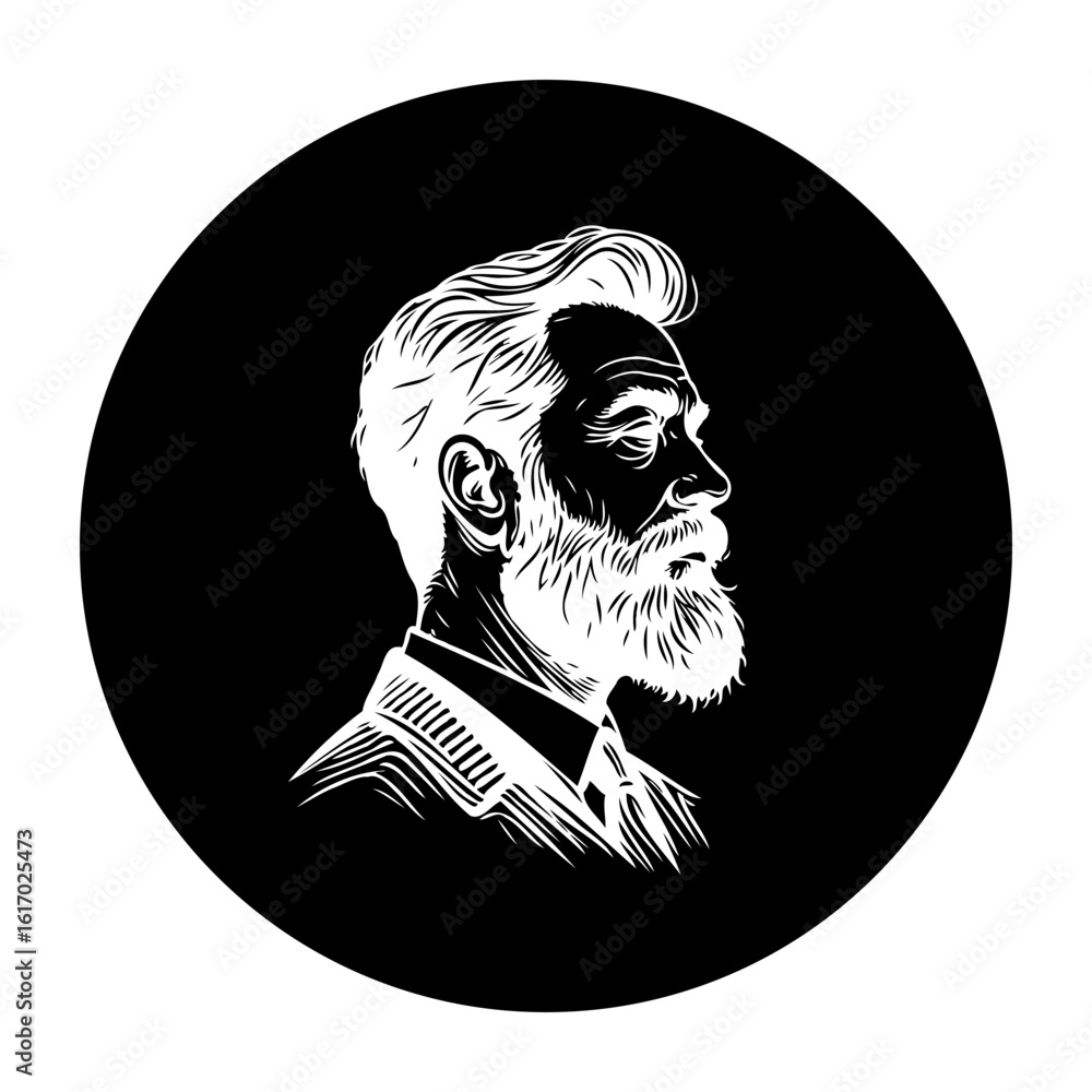 Poster monochrome portrait of an elegant senior man with a beard in a circular frame representing style