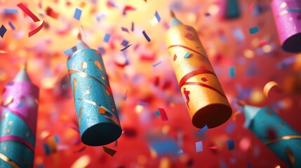 Dynamic celebration with confetti and party poppers, evoking festive joy