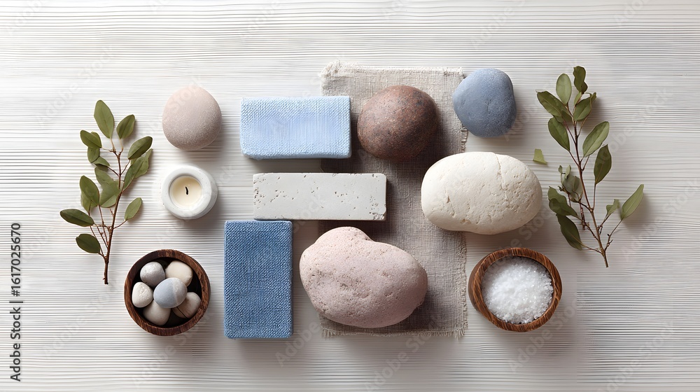 Poster assorted spa items arranged on a light background.