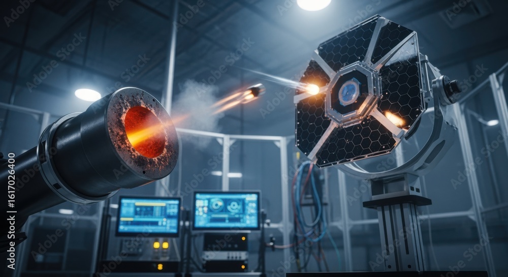 Poster laboratory setup featuring a ballistic barrel launching micrometeoroid simulants at an orbital shiel