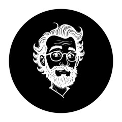 A black and white cartoon vector illustration of an old man's head with glasses and beard