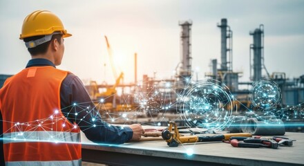 Industrial worker overseeing a technologically advanced factory operations with digital data streams