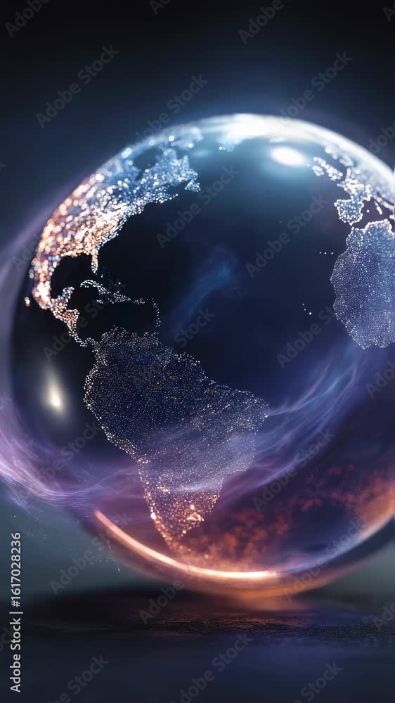 Poster a visually striking holographic globe illuminated by swirling data clouds representing the convergen
