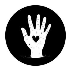 A captivating black and white illustration conveying love support and connection through symbolic hand gesture with a heart
