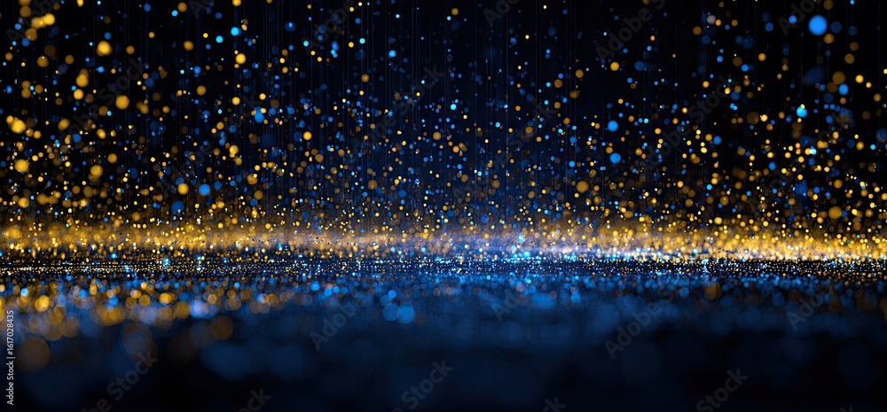 Poster abstract digital artwork featuring a dynamic display of golden and blue particles