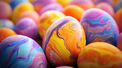 A collection of intricately patterned Easter eggs in a variety of colors, showcasing vivid and vibrant designs on their surfaces.