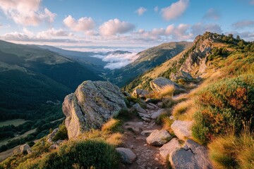 Breathtaking Mountain Landscape at Sunrise with Golden Light Streaming Over Rolling Hills and Rocky Terrain Surrounded by Lush Greenery and Misty Valleys