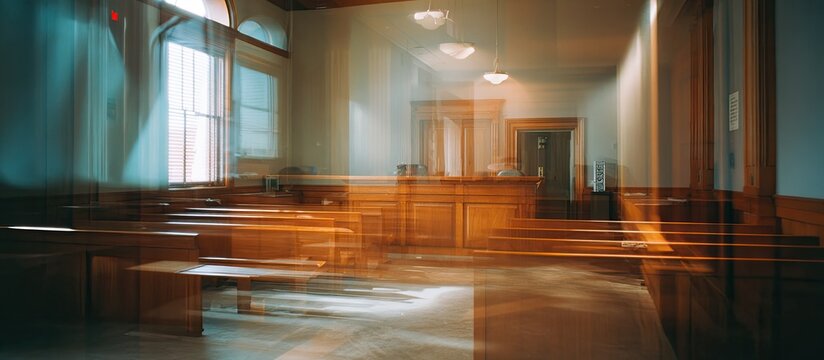 Interior of a courtroom or assembly hall, with wooden benches and light streaming in