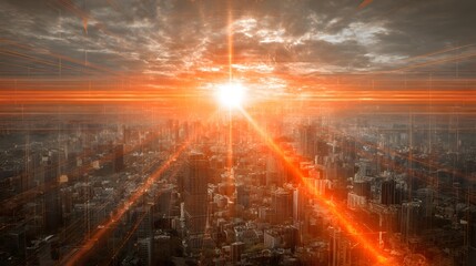 Obraz premium Urban cityscape at sunrise with digital lines.