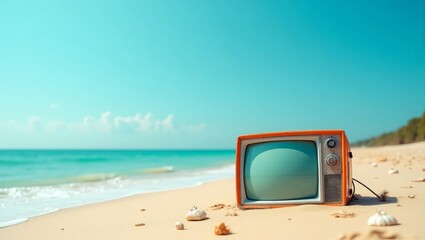 Vintage TV Set in Tropical Beach Scene with Blue Sky and Sand