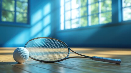 Serene indoor scene showcasing a tennis racket and ball on a wooden floor