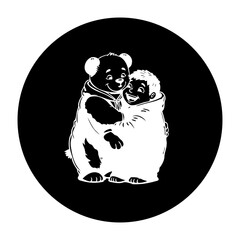 Illustration depicts endearing embrace between a child and a teddy bear on a black background circle with innocence