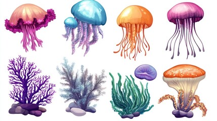 Explore a vibrant and diverse underwater ecosystem featuring a mesmerizing collection of colorful jellyfish and intricate sea plants, perfect for marine life illustrations.
