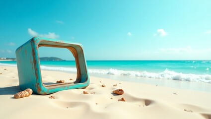 Fototapeta premium Vintage TV Set in Tropical Beach Scene with Blue Sky and Sand