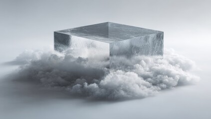 Abstract cube floating on a cloud of smoke