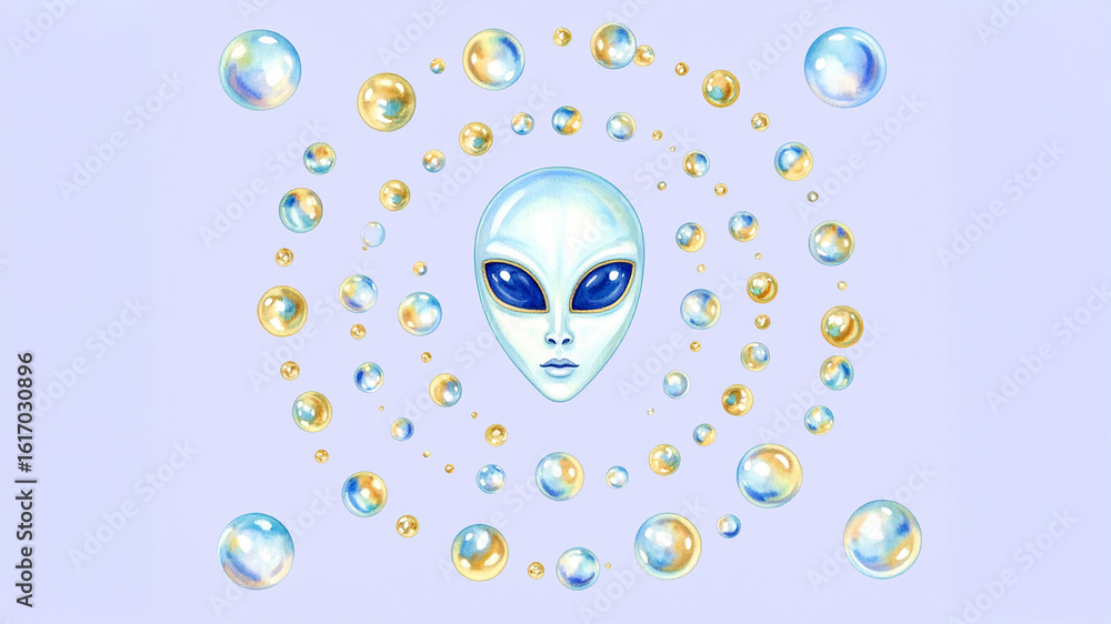 Poster an ethereal alien face with large blue eyes is surrounded by a swirling pattern of transparent and g