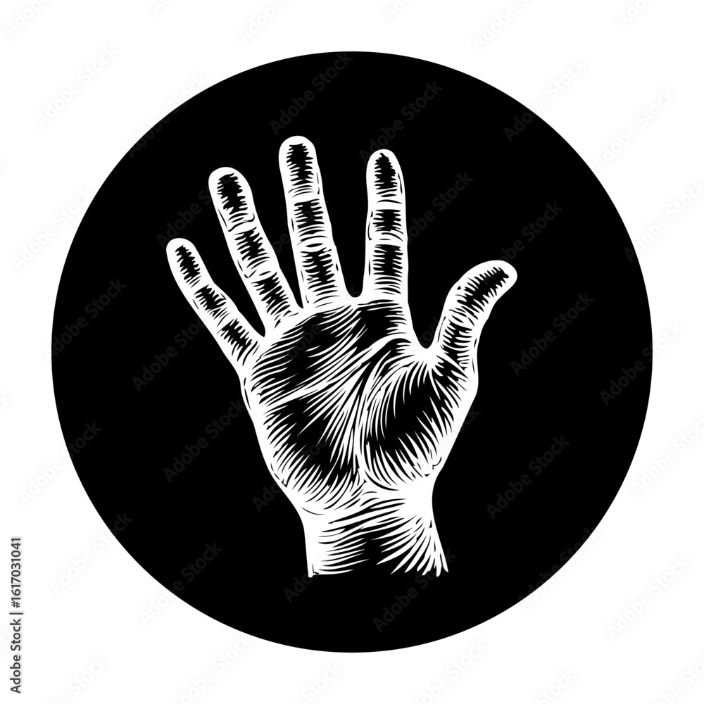 Poster illustration of an open human hand with detailed lines set within a circular black backdrop design c