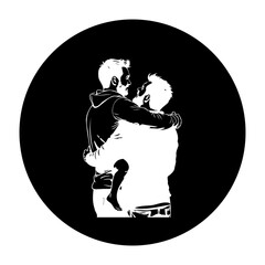 Fototapeta premium Illustration of a father lovingly embracing his son conveying a strong bond and affection depicted in minimalist vector art
