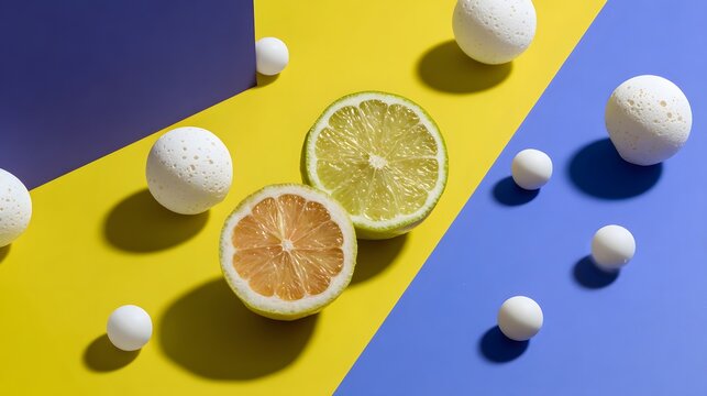 Colorful citrus fruits and spheres on a vibrant background.