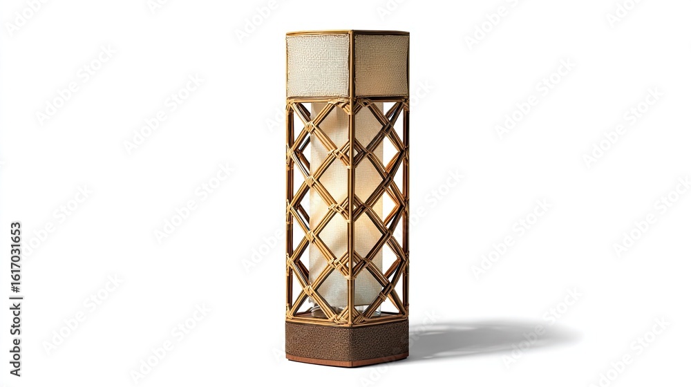 Poster elegant bamboo lattice table lamp with diffused light on a white background