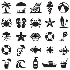 Collection of black and white silhouette icons representing various beach and summer vacation elements for design projects