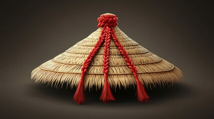 Artisanal conical hat adorned with braided scarlet cords evoking cultural traditions