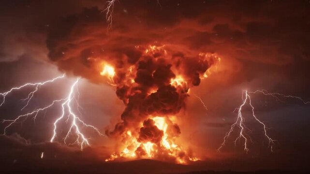 Image shows a large fiery mushroom cloud shape with visible lightning strikes in a dark dramatic sky
