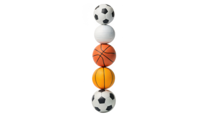 A vertical stack of five different sports balls on a transparent background isolated on transparent background
